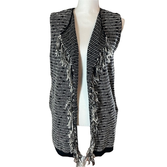 Lysse Fringe Long Cardigan Black & White Sweater Duster Vest with Pockets-S/M - Picture 1 of 10